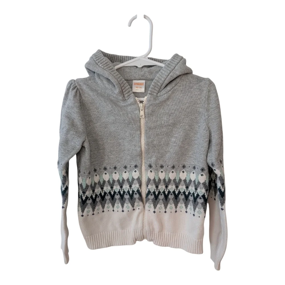 Gymboree Girls Zip-Up Hooded Sweater Jacket Gray and Cream Cotton Size XS 4
